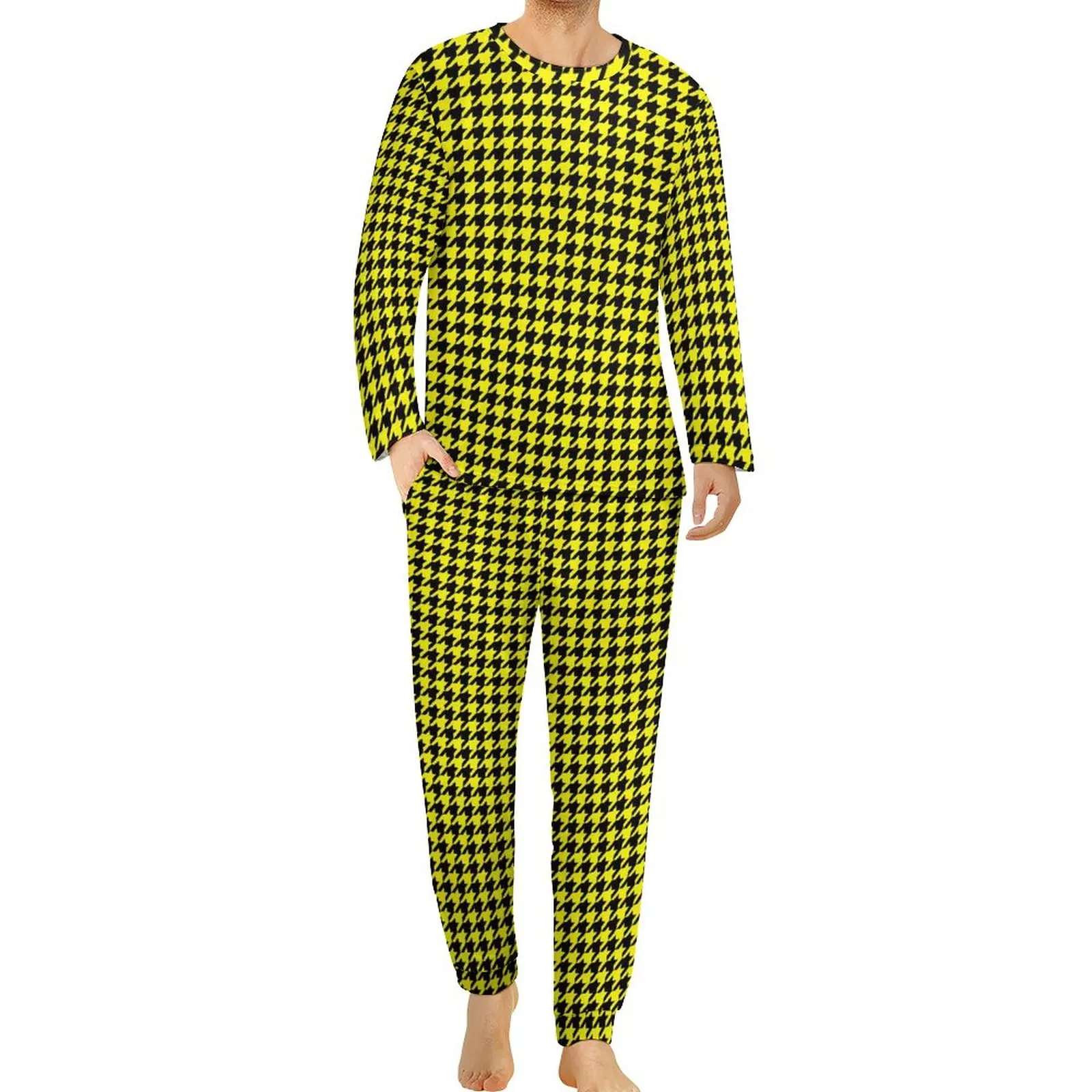 

Elegant Houndstooth Pajamas Spring Black and Yellow Casual Nightwear Men Two Piece Design Long-Sleeve Cool Oversized Pajama Sets