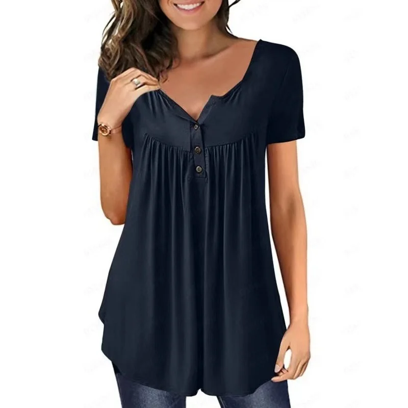 

Plus Size Tunic Tops for Women Summer Short Sleeve Loose Casual Blouse and Shirts Elegant V-neck Buttons Pleated Shirt Business