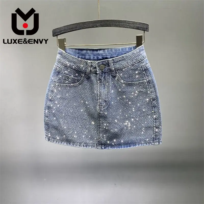 

Женская джинсовая короткая юбка люкс & ENVY, трапециевидная юбка с бусинами и стразами, лето-осень 2023