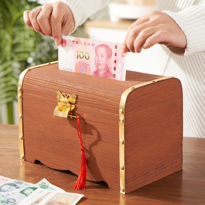 

Wood Piggy Bank with Lock Vintage Living Room Large Capacity Anti Fall Coin Money Box Hidden Storage spaarpot Household Items