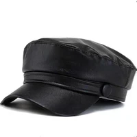 fashion unisex pu leather octagonal hat spring autumn sailor hats for women men black grey flat top captain cap retro navy cap