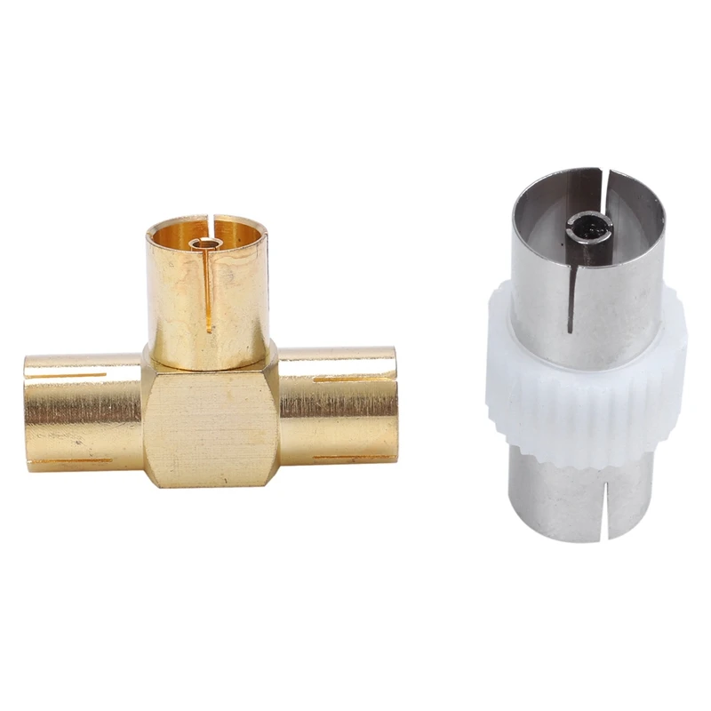 2 Pcs Triple T Adapter Connector F / F, Female Antenna & 5 Pcs FM TV Coaxial Cable TV PAL Female To Female Adapter