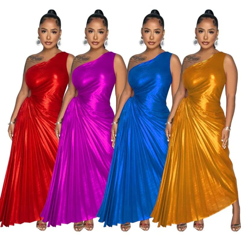 

Metallic Glossy One Shoulder Women Midi Dress Elegant Sleeveless Pleated Party Dresses 2024 Spring Outfits Solid A Line Vestidos