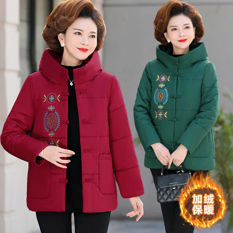 

Зимнее хлопковое пальто для женщин, новое утолщенное теплое бархатное пальто с вышивкой, повседневная куртка с капюшоном, свободная женская верхняя одежда