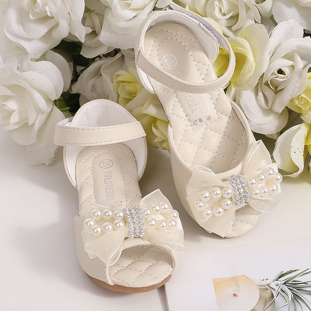 

Vintage New girls' Sandals Korean 2022 Bow Princess Shoes Soft Bottom Breathable Non-slip Fish Mouth Pearl Girls Shoes Sandals