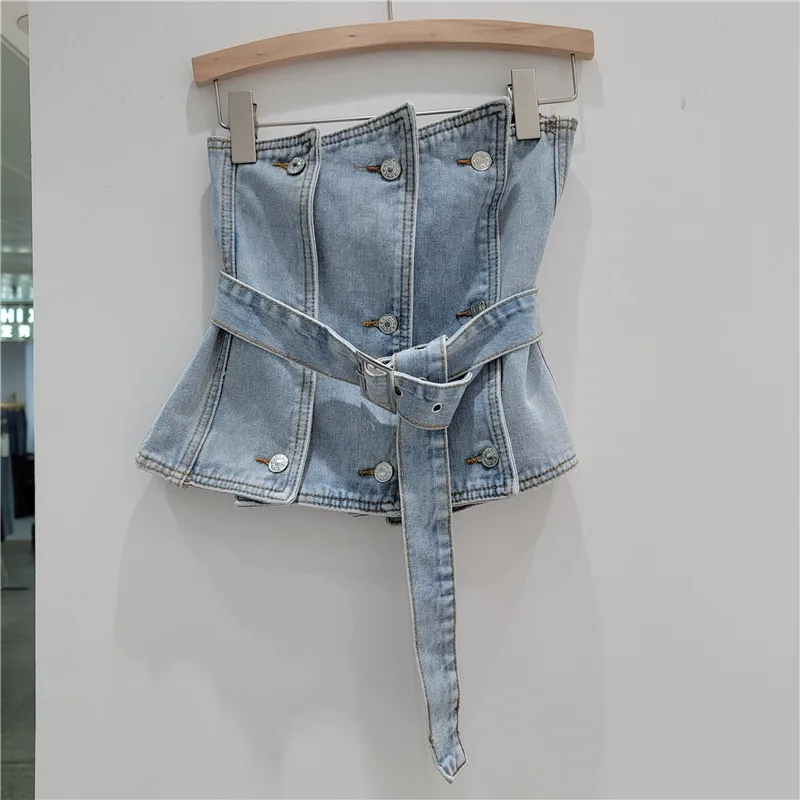 

Hot Girl Blue Denim Tube Top Women's Clothing 2023 Summer New Stitching Waist Outer Wear Sexy Sling Female Jeans Camis Tanks Top
