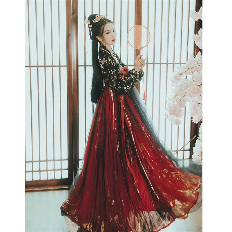 Традиционное китайское платье черный топ и юбка комплект Красного халата
