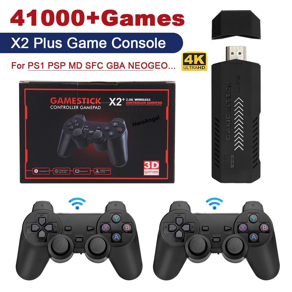 NEW X2 PLUS Video Game Stick 1080P Console 2.4G Double Wireless Controller 41000 Games 128GB Retro Games for PSP PS1 FC Boy Gift