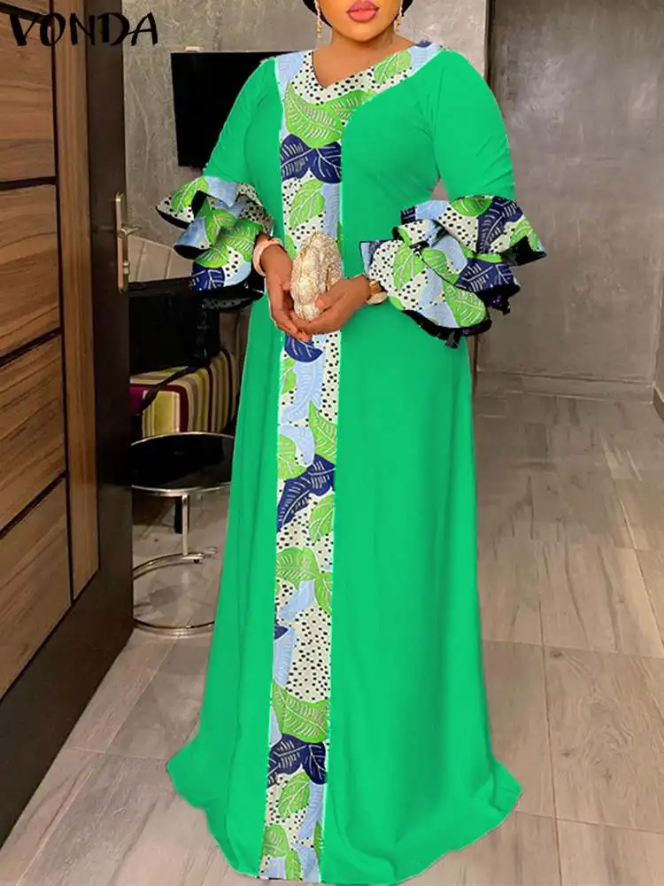 

Bohemian Printed Dress 2023 VONDA Autumn Fashion Women 3/4 Sleeve Vintage Pleated Ruffled Maxi Dress Casual Holiday Robe Femme