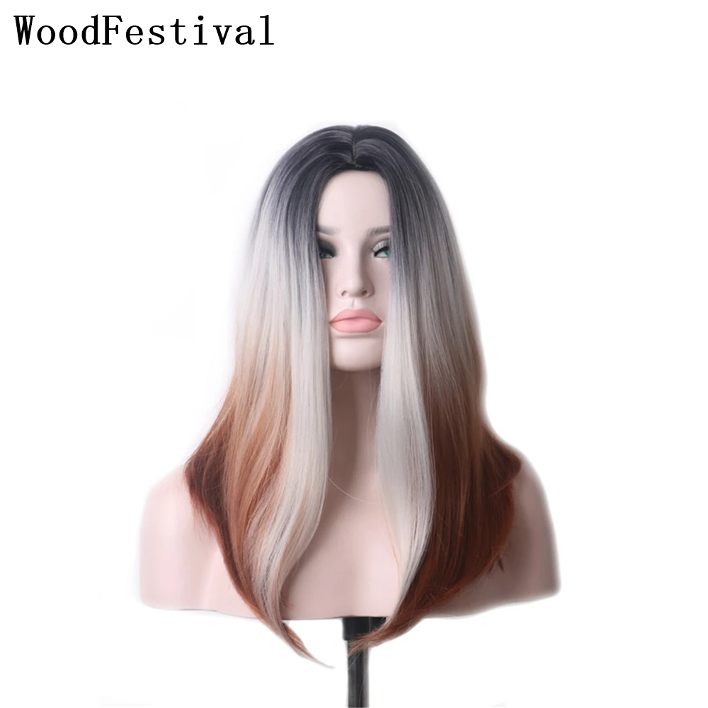 

WoodFestival Synthetic Hair Wig Ombre Short Cosplay Wigs For Women Straight Grey Brown Color Rainbow