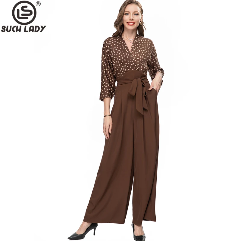 

Женские комбинезоны в горошек, модельные комбинезоны с V-образным вырезом и рукавом 3/4, с поясом и широкими штанинами, в стиле пэчворк, лето