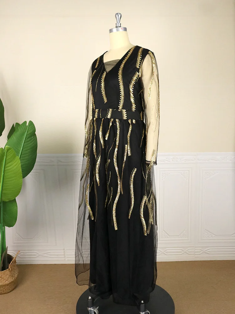Plus Size Women Sequined Tulle Dresses Long Sleeve Golden Striped Maxi Flowy Lace Dress Spring Summer 2023 Big 3xl 4xl 5xl 6xl