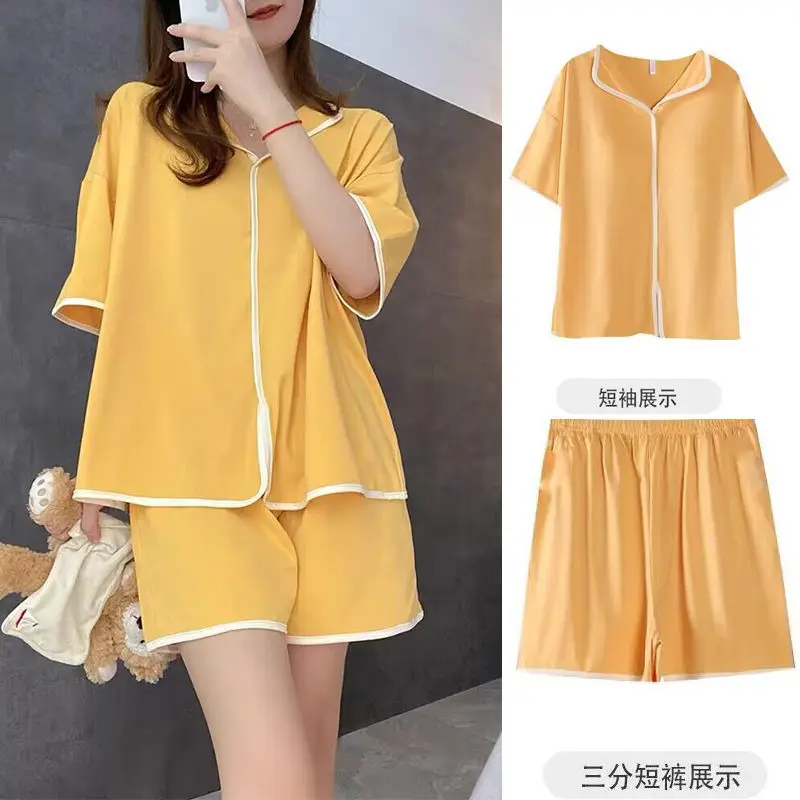 

1 Pajamas women summer new pure color female short sleeve shorts loose leisurewear senior cotton can be worn outside