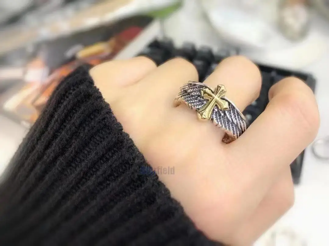 

Hot selling S925 Sterling Silver Retro Thai Silver fashion open adjustable man women Hipster Graffiti Wings personality ring