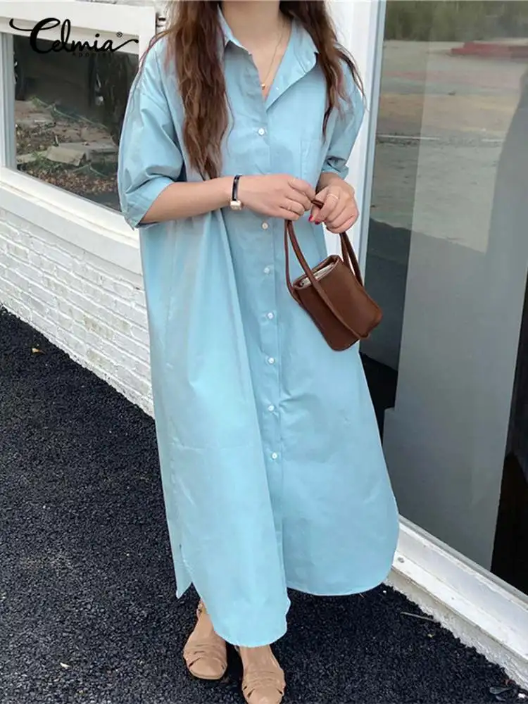 

Korean Women Long Shirt Dress Celmia 2022 Casual Loose Lapel Collar Maxi Dress Summer Fashion Half Sleeve Asymmetrical Hem Robe