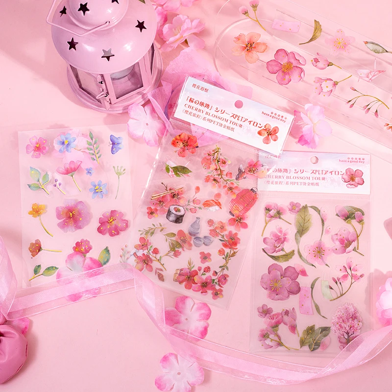 

Dimi 2Sheets Cherry Blossoms Series Bronzing Sticker PET Flowers Collage Stickers Deco Phone Bullet Journaling Stationery Supply