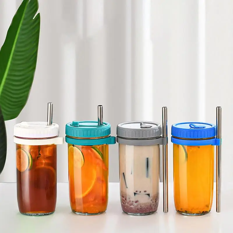 

Iced Coffee Glasses With Lids And Straws 4PCS Wide Mouth Smoothie Cups Drinking Glasses Mason Jar For Cocktails Cold Drinks