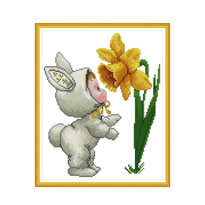 

Bunny and Narcissus cross stitch kit 14ct 11ct count print canvas hand sew cross-stitching embroidery DIY handmade needlework