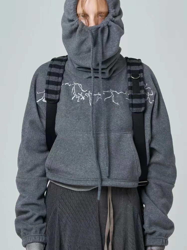 

Kangaroo Pocket Hoodie Women Drawstring Embroidery Long Sleeve Sudaderas Con Capucha Casual Loose Spring Autumn Crop Sweatshirts