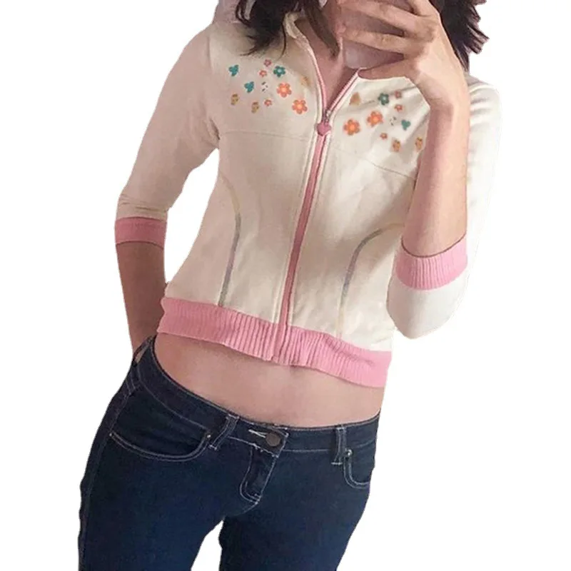 

Толстовка Женская с цветным цветочным принтом, контрастный свитшот на молнии, приталенное короткое пальто, милая одежда, толстовка с капюшоном