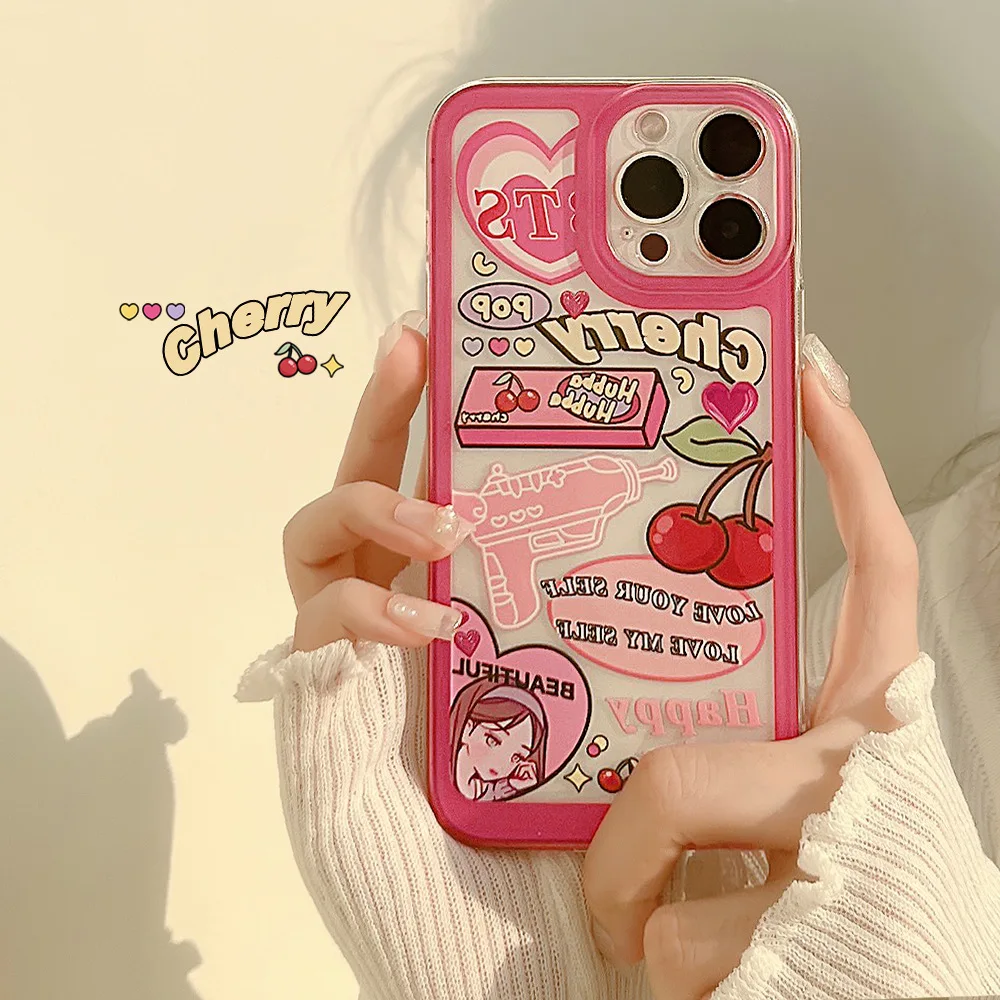 Sweet Retro pop cherry girls Love water gun Phone Case For iPhone 14 13 11 12 Pro Max mini Xr Xs Max 7 8 14 Plus case Cute Cover