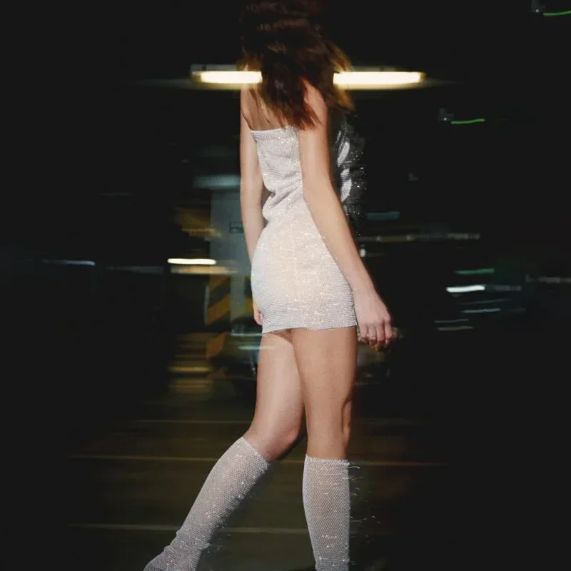 AKYZO Fishnet Rhinestone Evening Dresses for Women Sexy Strapless Dress Crystal Diamond Nightclub Party Festival Rave Outfits