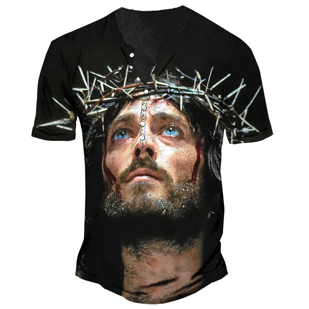 

Vintage V-neck Button Jesus Christ T-shirts Men Summer Fashion Short Sleeve Punk Streetwear Oversized Tops Tee Shirt Homme 5xl