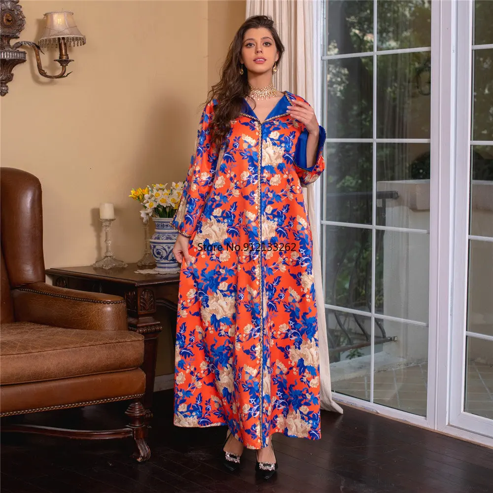 Dubai Abaya Luxury For Muslim Women Diamonds V-Neck Long Dresses Elegant Casual Floral Print 2023 Spring Maxi Dress Wear Ramadan