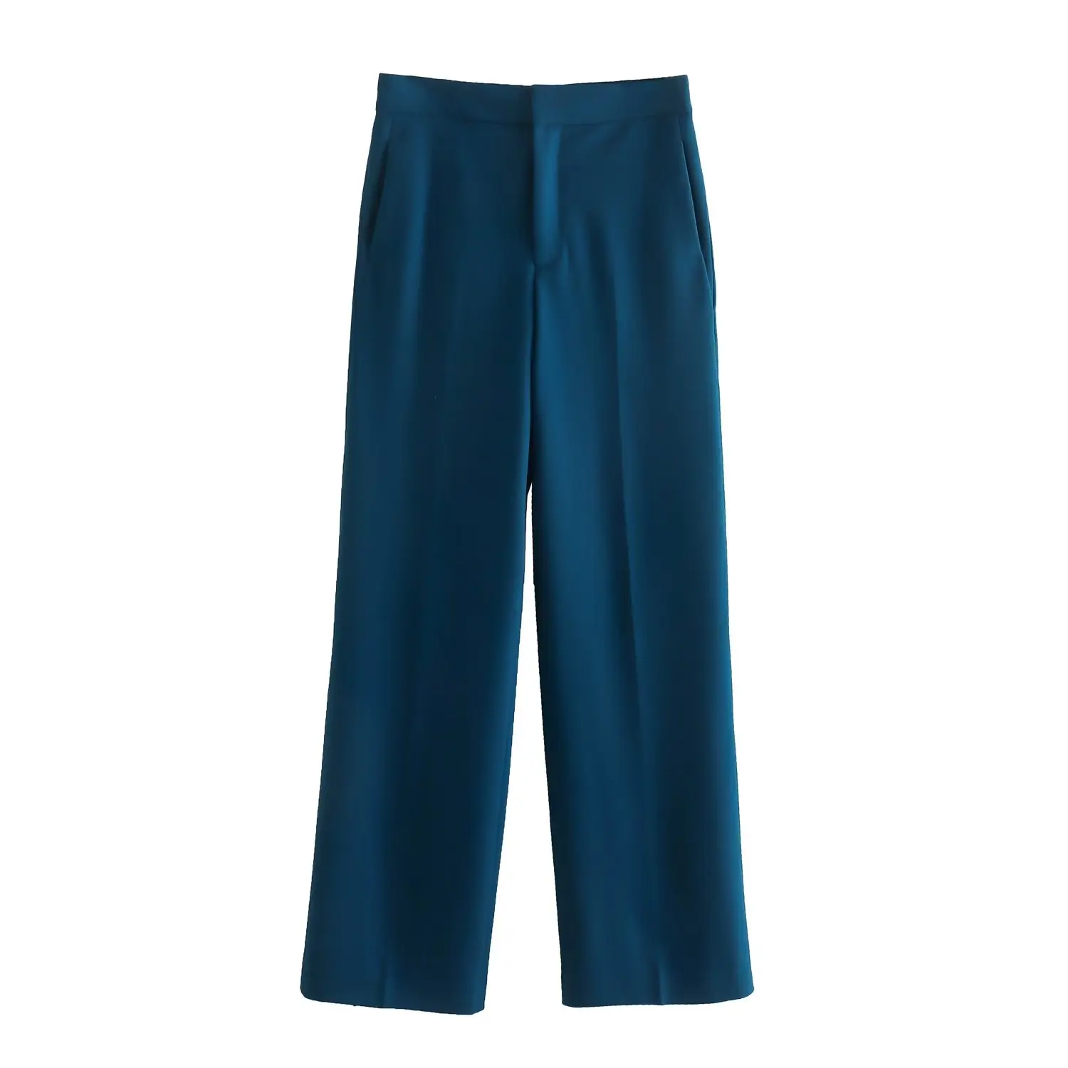 

PB&ZA Women 2023 New Fashion Blue Spring Pockets Straight Pants Vintage High Waist Zipper Fly Female Trousers Mujer