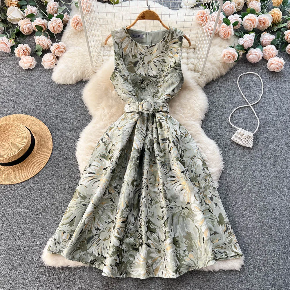 

Europe and the United States New Retro Sleeveless Printing Waist Small Long Paragraph Slim Temperament A-line Dress
