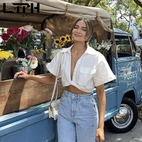 ltph vintage safari style women shirts streetwear casual all match cropped buttonless short sleeve white blouse 2022 summer new