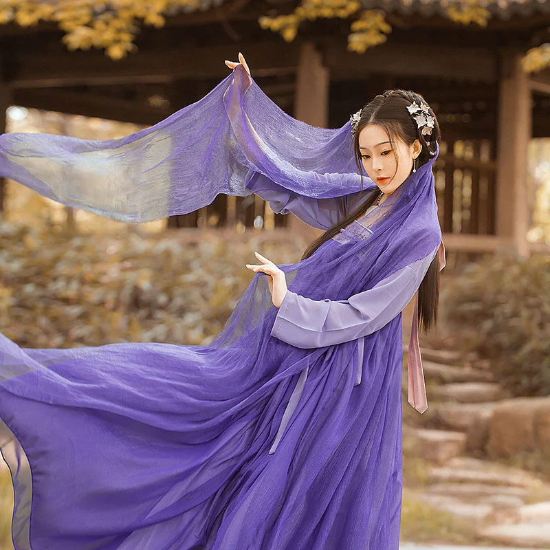 Chinese Traditional Hanfu Woman Purple Shimmering Elegant Fairy Folk Performance Clothing Fairy Style Big Swing Dress