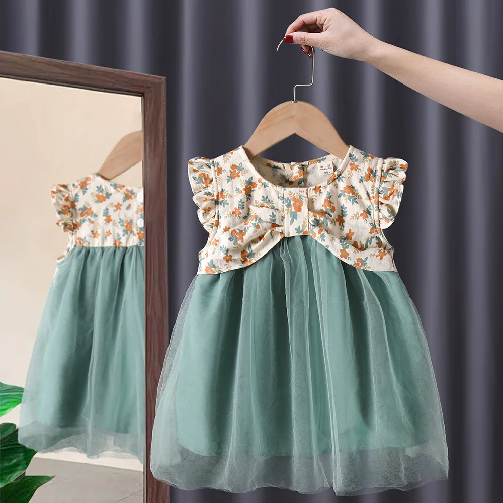 

Summer Girls Kids Princess Dress Sleeveless Flowers Children Patchwork Fairy Mesh Dresses Sweet Vestidos