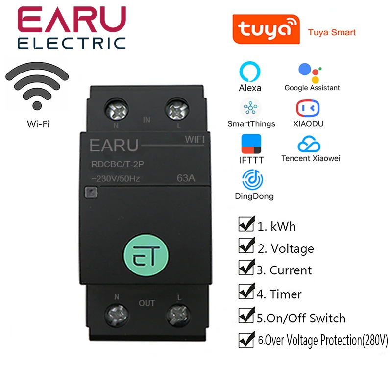 

TUYA APP 1P+N Smart WIFI Circuit Breaker Voltage Energy Power kWh Meter Time Timer Relay Switch Voltmeter Ammeter Remote Control