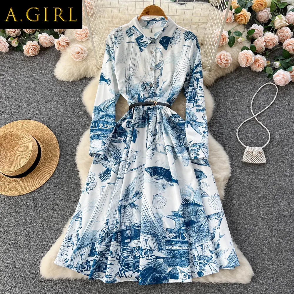 

A GIRLS Runway Fashion Spring Summer Retro Print Shirt Dresses for Women Long Sleeve Single Breasted Holiday Blue