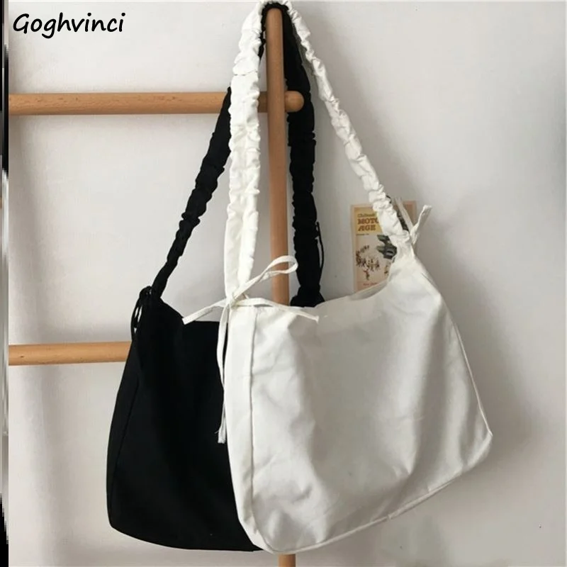 

Crossbody Bags Women Solid White Design Folds Lace-up Zipper Casual Tote Harajuku High Street Canvas Shoulder Large Capacity Bag