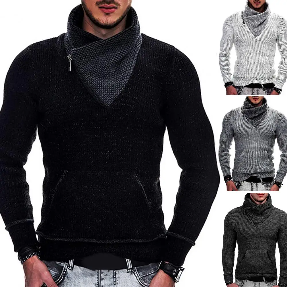 

Men Sweater Warm Color Matching Long Sleeves Pullover Zipper High Collar Knitting Neck Protection Winter Sweater for Shopping