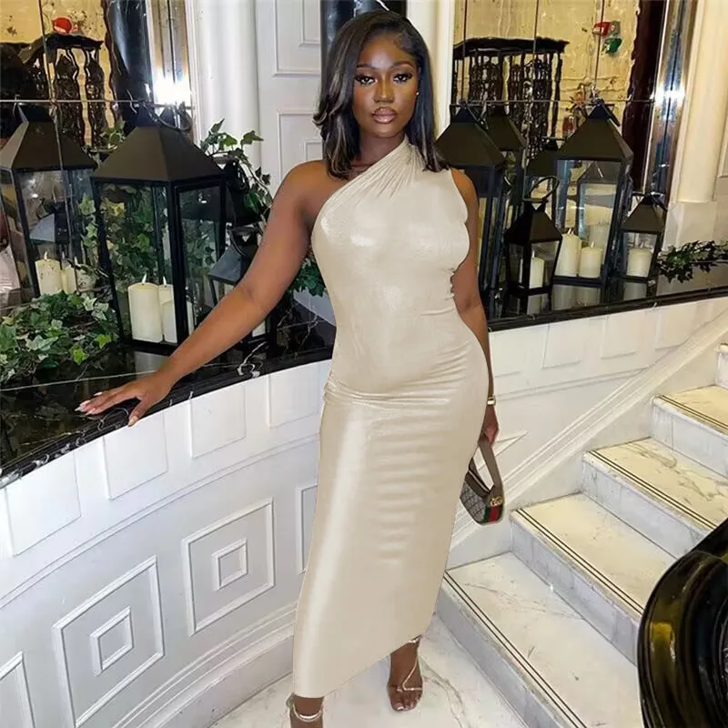 

2023 Summer One Shoulder Backless Mini Dress Sexy Party Night Club Outfits Metallic Sheath Dresses for Women Clothing Vestidos