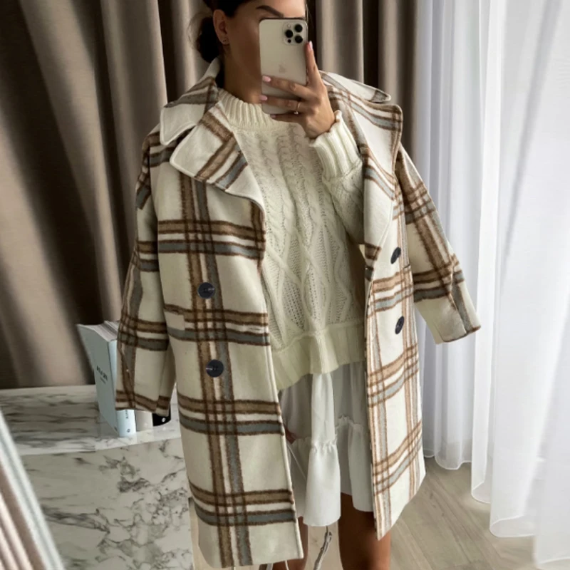 

Elegant Plaid Print Woolen Overcoat Fashion Button Pocket Coats Autumn Winter Women Turn Down Collar Long Sleeve Loose Midi Coat