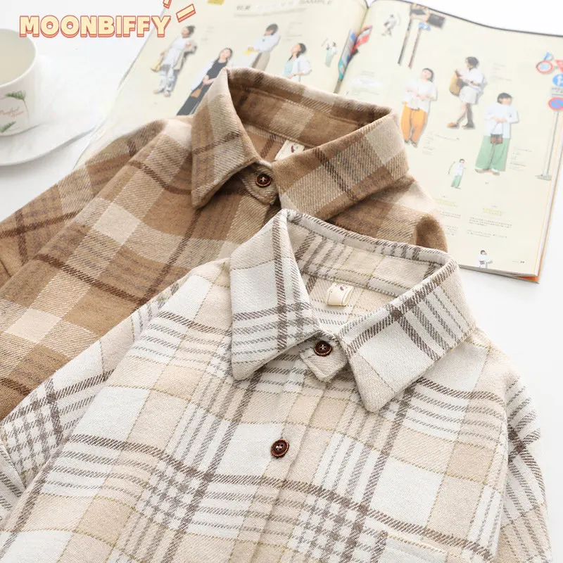 

Куртка женская шерстяная в клетку, винтажная рубашка с длинным рукавом, отложным воротником, на пуговицах, с карманами, повседневная верхня...