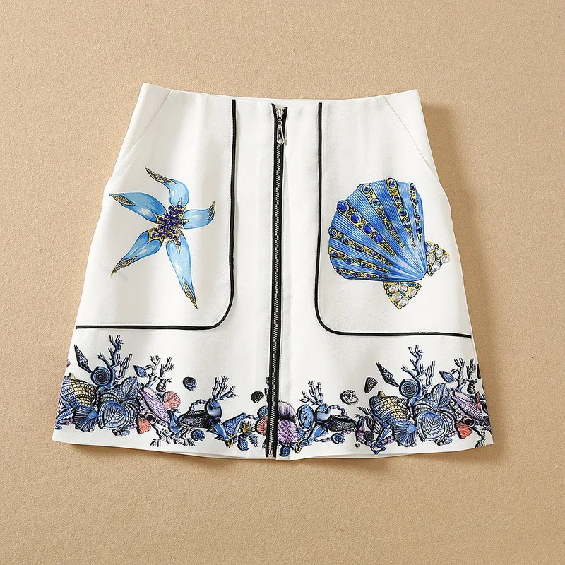 European and American women's wear spring 2022 new  Fashion shell nail bead  Printed A-line skirt skirt