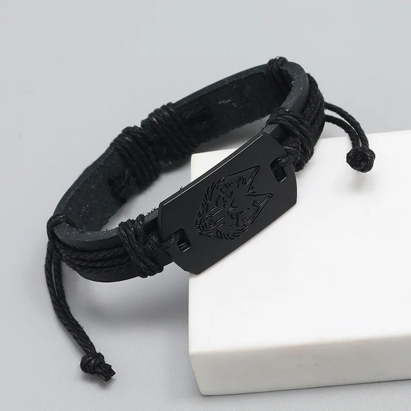 

Men Wolf Head Pattern Bracelet Black String Bracelet for Women Animal Friends Bracelet