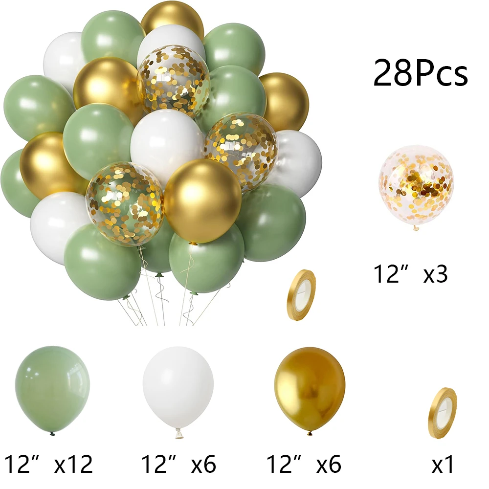 

Набор воздушных шаров Surpsea 28 шт., шалфеево-зелёный, золотой, белый