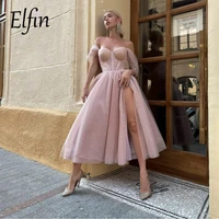 elfin shiny blush pink midi prom dresses off the shoulder slit side short formal prom gowns tea length wedding party dress