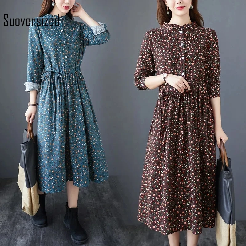 

Винтажное приталенное платье-трапеция с цветочным принтом, хлопковое женское платье в Корейском стиле на шнуровке с пуговицами, весенние ж...