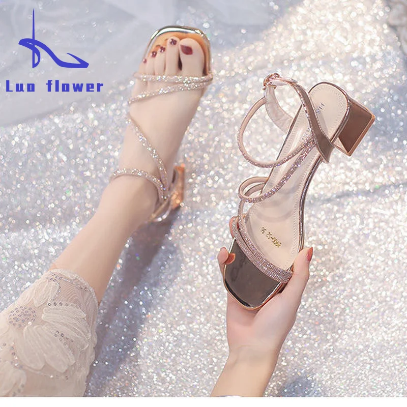 

2022 New Women's Sandals High Heels Open-toe Rhinestone Block-heel Sandals with Stylish Outer Heel Women Shoes High Heel T