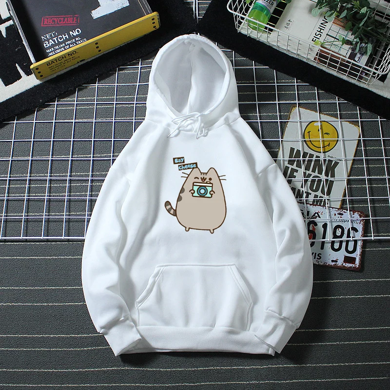 

Pusheen Scooter Say Cheese 3 Hoodies Women Clothing Polyester Blouses Bottoming Long Sleeve Tops Loose Pocket Sweatshirt