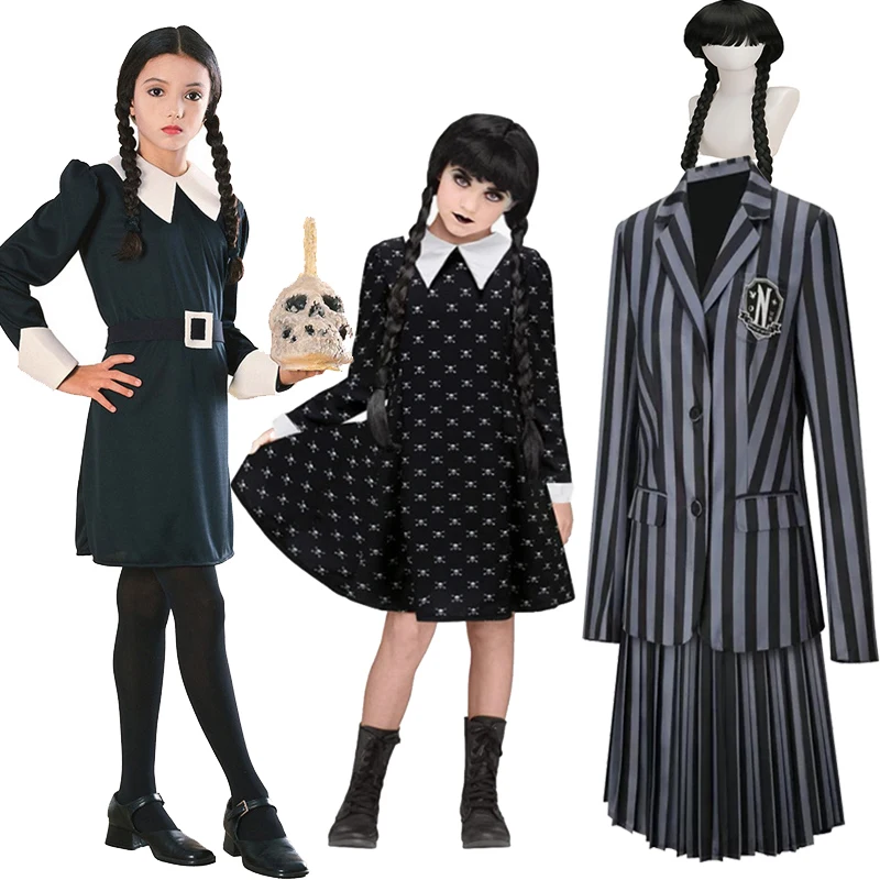 

Children For Adult Wednesdays Family Cosplay Costume Clothing Suit School Uniform Skull Head Black Dress Double Ponytail Fried D