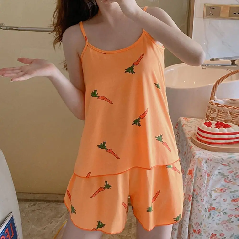 

2Pcs/Set Sleepwear Set Stylish Smooth Camisole Shorts Set Suspenders Pajamas Camisole Short Suit Homewear