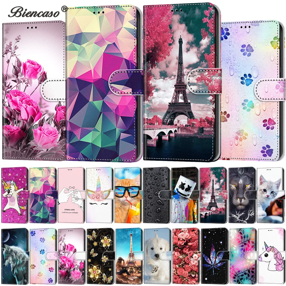 Colored Painted Card Slot Wallet Flip Case For Huawei P8 Lite 2017 P9 Lite P10 P20 Lite P30 Pro Mate 10 Lite Honor 8 Lite Cover